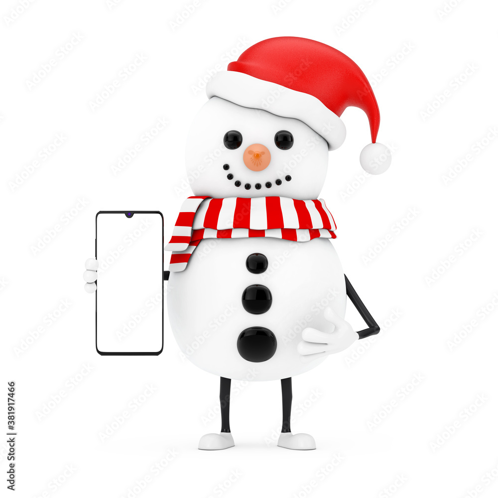 Poster snowman in santa claus hat character mascot with modern mobile phone with blank screen for your desi
