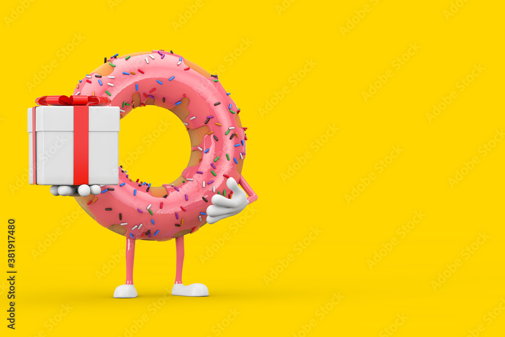 Poster big strawberry pink glazed donut character mascot with gift box with red ribbon. 3d rendering