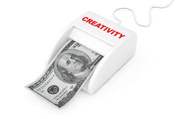 Make Money with Creativity Concept. Money Maker Creativity Machine with Dollars Banknote. 3d Rendering