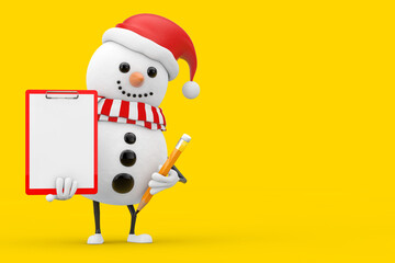 Snowman in Santa Claus Hat Character Mascot with Red Plastic Clipboard, Paper and Pencil. 3d Rendering