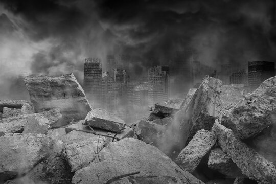 The ruins of concrete and brick rubble in front of the large city building are covered with smoke from the civil war and the city abandonment, concept of war