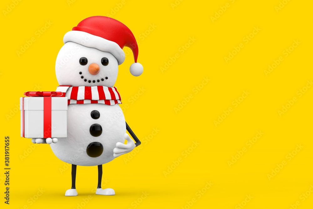 Poster Snowman in Santa Claus Hat Character Mascot with Gift Box with Red Ribbon. 3d Rendering