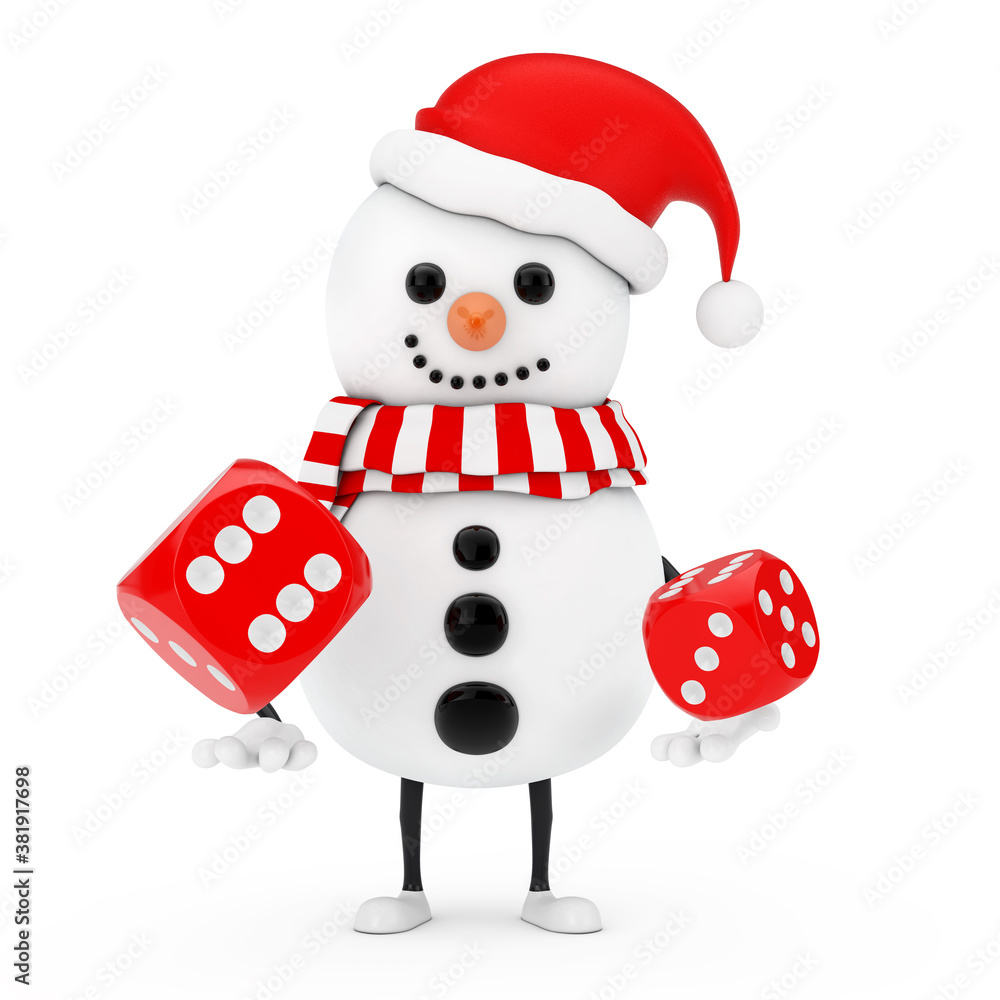 Fototapete snowman in santa claus hat character mascot with red game dice cubes in flight. 3d rendering
