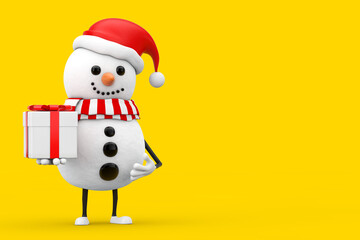 Snowman in Santa Claus Hat Character Mascot with Gift Box with Red Ribbon. 3d Rendering