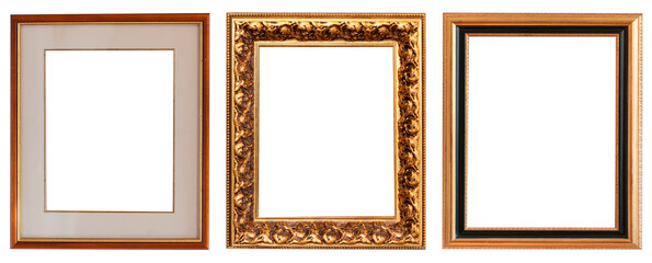 Set of gilded antique picture frames isolated on white background.
