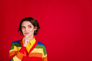 Photo of beautiful lesbian lady good mood look empty space think creative smart idea web app for...