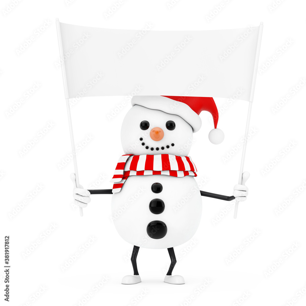 Poster Snowman in Santa Claus Hat Character Mascot and Empty White Blank Banner with Free Space for Your Design. 3d Rendering