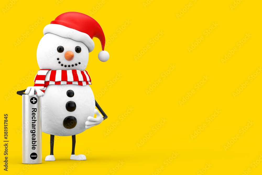 Poster snowman in santa claus hat character mascot with rechargeable battery. 3d rendering