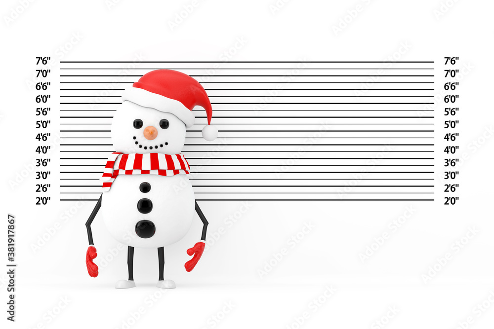 Poster snowman in santa claus hat character mascot in front of police lineup or mugshot background. 3d rend