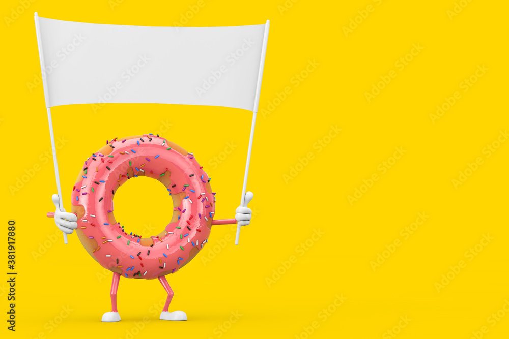 Aufkleber big strawberry pink glazed donut character mascot and empty white blank banner with free space for y