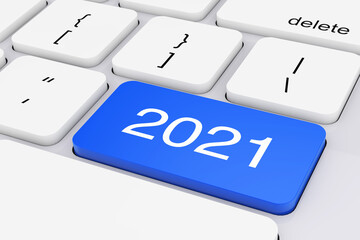 Blue 2021 New Year Key on White PC Keyboard. 3d Rendering