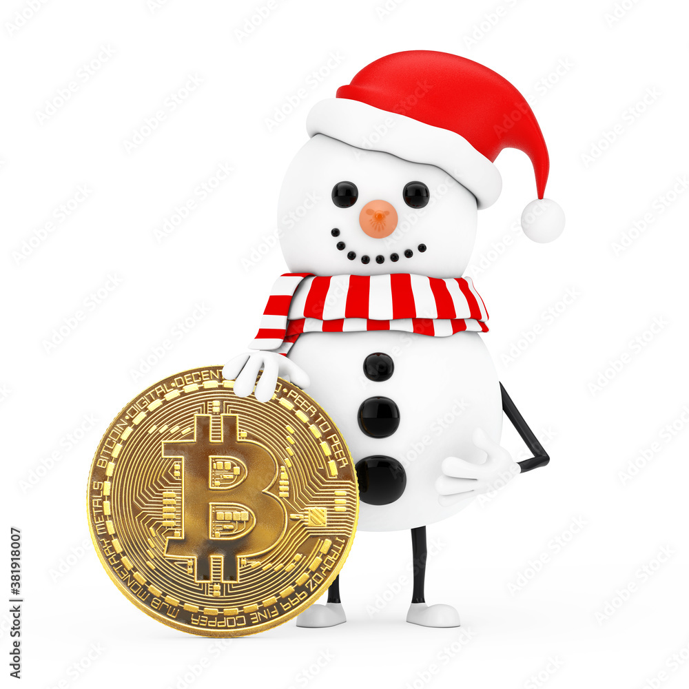 Poster snowman in santa claus hat character mascot with digital and cryptocurrency golden bitcoin coin. 3d 