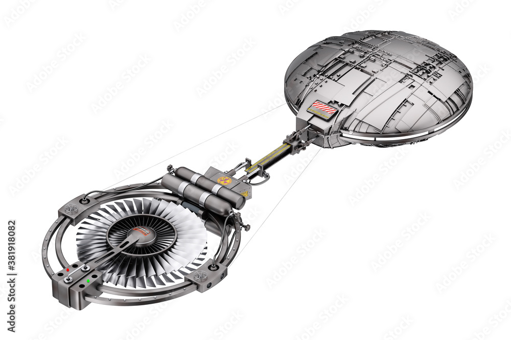 Poster spaceship, space station or alien ufo spacecraft in flight. 3d rendering