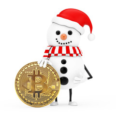 Snowman in Santa Claus Hat Character Mascot with Digital and Cryptocurrency Golden Bitcoin Coin. 3d Rendering