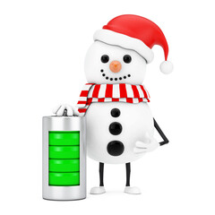 Snowman in Santa Claus Hat Character Mascot with Abstract Charging Battery. 3d Rendering