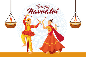 happy navratri celebration with dancers couple and candles