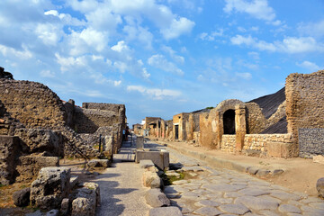 Ruins of Ancient Roman city of Pompei, Italy. Pompei was destroyed and buried with ash after...