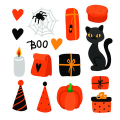 halloween set with cat on the white background