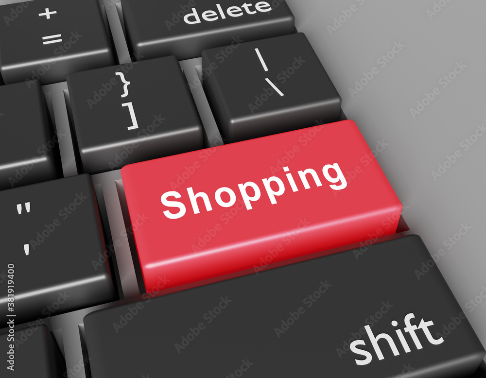 Poster shopping concept. word shopping on button of computer keyboard