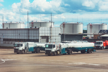 Trucks with trailers for tanks with aviation fuel on the territory of fuel storage for aircraft.