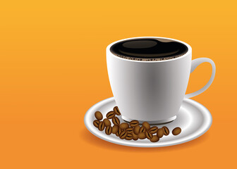 coffee break poster with cup and seeds in orange background
