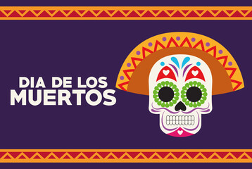 dia de los muertos celebration poster with skull head and lettering