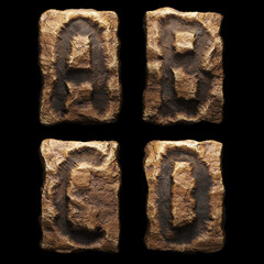 Set of rocky letters A, B, C, D. Font of stone on black background. 3d