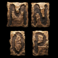 Set of rocky letters M, N, O, P. Font of stone on black background. 3d