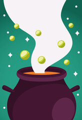 happy halloween celebration card with cauldron