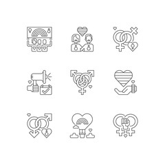 Pride life linear icons set. Gay and lesbian lifestyle signs. Bisexual culture. Rainbow flag. Customizable thin line contour symbols. Isolated vector outline illustrations. Editable stroke
