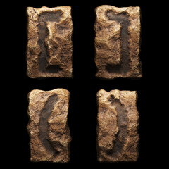 Set of rocky symbols left, right square bracket and left, right perentheeses . Font of stone on black background. 3d