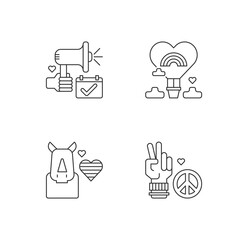 LGBT movement linear icons set. Rhinoceros and rainbow heart. Air balloon. Peace symbol. Customizable thin line contour symbols. Isolated vector outline illustrations. Editable stroke