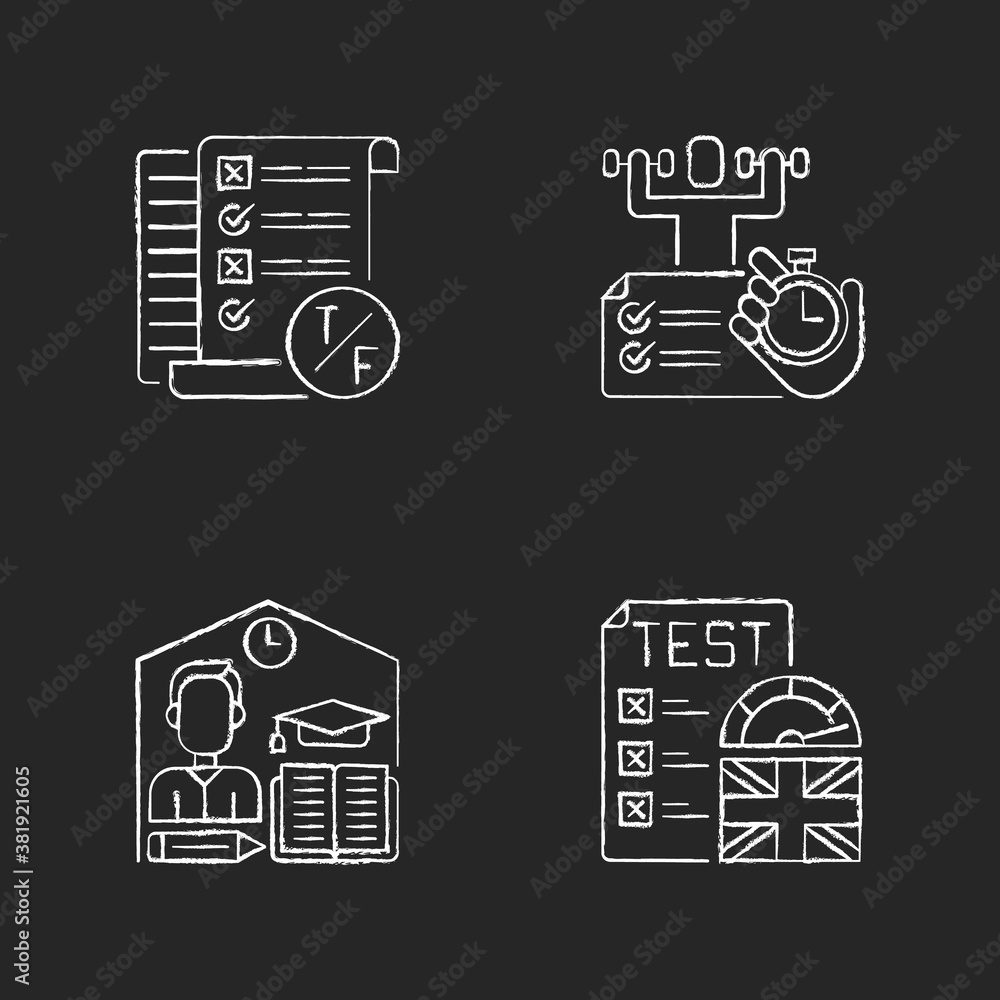 Poster true false test chalk white icons set on black background. placement exam. physical skills testing. 
