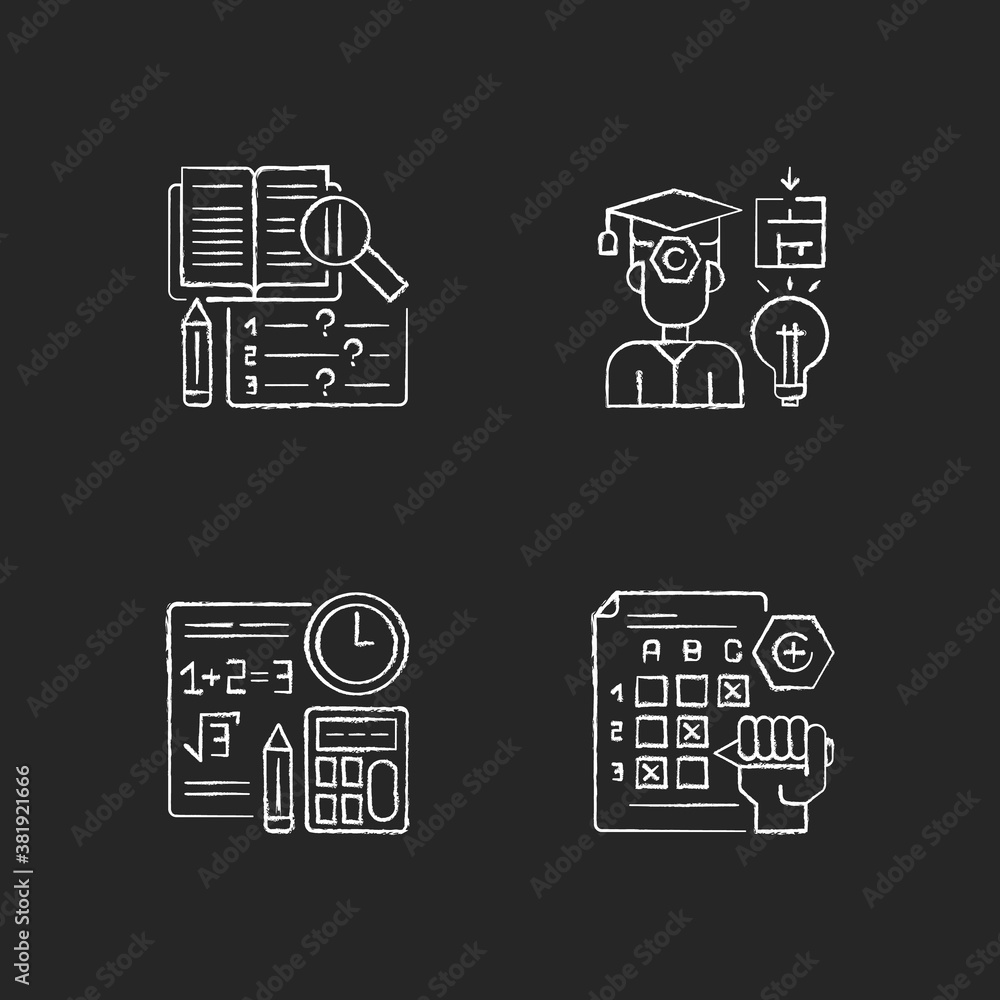 Poster computational test chalk white icons set on black background. reading and short answer exam. profici