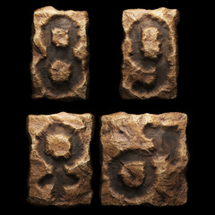 Set of rocky numbers 8, 9 and symbols female, male . Font of stone on black background. 3d