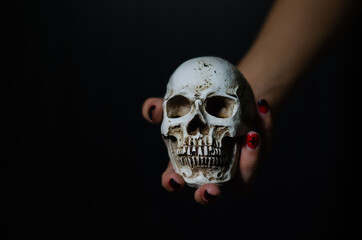 Human skull on  black background