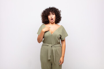  looking shocked and surprised with mouth wide open, pointing to self