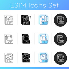 File formats icons set. Various types. Audio, lossless compression, raster image files. Storing music. Archive format. Digital images. Linear, black and RGB color styles. Isolated vector illustrations