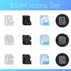 File types icons set. TIFF. TXT. EXE. Information storing. Executable file. Software installer. Printing and publishing industry. Linear, black and RGB color styles. Isolated vector illustrations