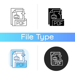 PDF file icon. Portable document format. Text formatting and images, multimedia elements. File extension. Graphics. Linear black and RGB color styles. Isolated vector illustrations