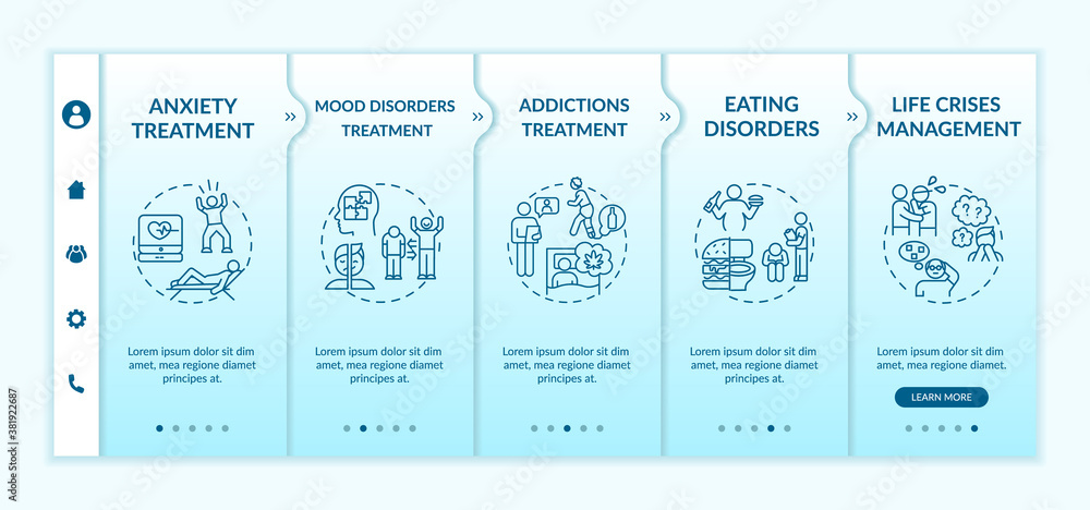Poster psychotherapy tasks onboarding vector template. eating disorders. anxiety treatment. life crises man