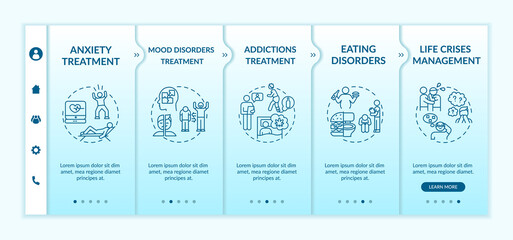 Psychotherapy tasks onboarding vector template. Eating disorders. Anxiety treatment. Life crises management. Responsive mobile website with icons. Webpage walkthrough step screens. RGB color concept