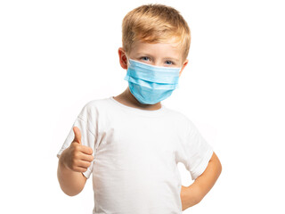 Little boy with mask thumbs up on white background