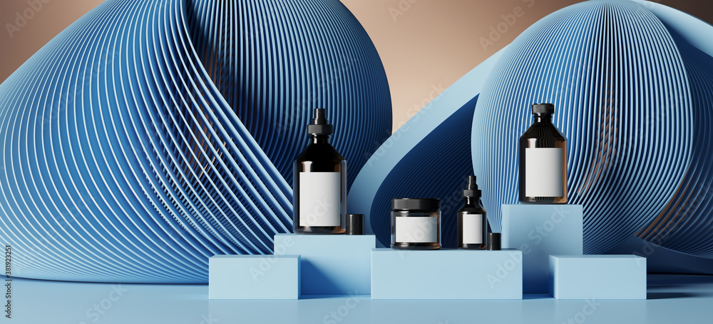 Poster minimal background for branding and product presentation. cosmetic bottle on subtle circular geometr