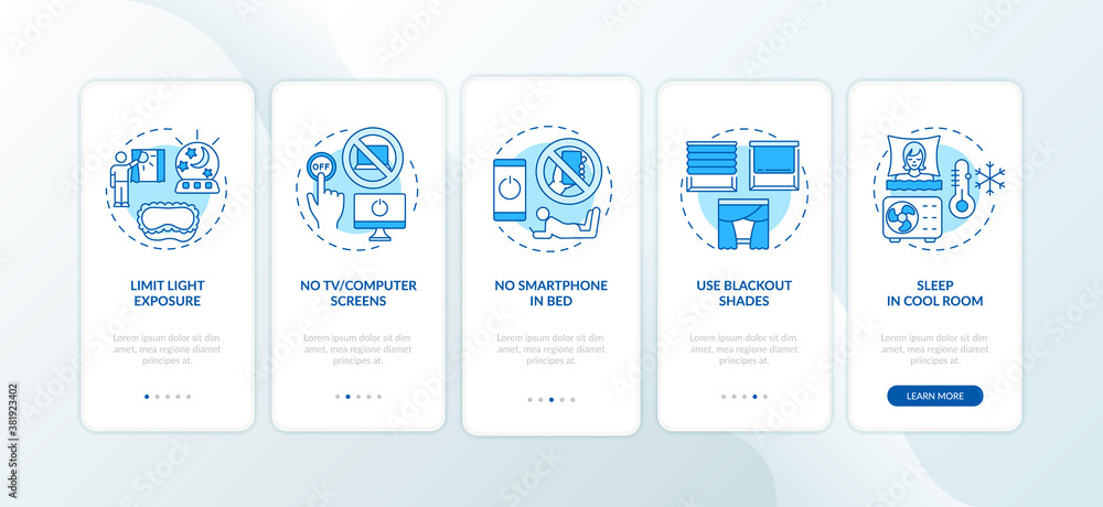 Poster good sleep recommendation blue onboarding mobile app page screen with concepts. better dreaming walk