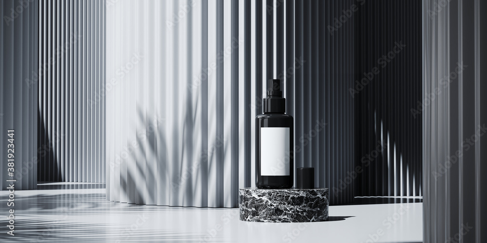 Poster minimal background for branding and product presentation. sunshade shadow on cosmetic bottle and whi