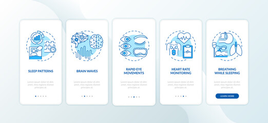 Sleep problems blue onboarding mobile app page screen with concepts. Healthcare issue. Sleep disorders walkthrough 5 steps graphic instructions. UI vector template with RGB color illustrations