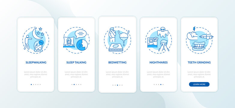 Sleep problems blue onboarding mobile app page screen with concepts. Healthcare issue. Sleep disorders walkthrough 5 steps graphic instructions. UI vector template with RGB color illustrations