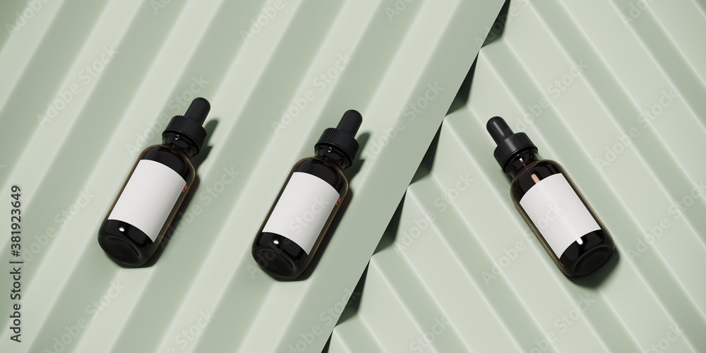 Poster minimal mockup background for product presentation. cosmetic bottle on light green corrugated panel 