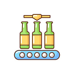 Bottling RGB color icon. Industrial alcohol production. Packing beverage on conveyor belt. Automated process of packaging beer. Manufacture system machinery. Isolated vector illustration